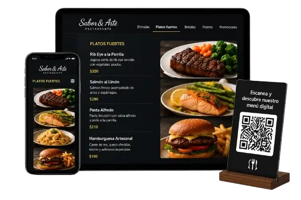 Menú digital con código QR y página web profesional para restaurantes y cafeterías